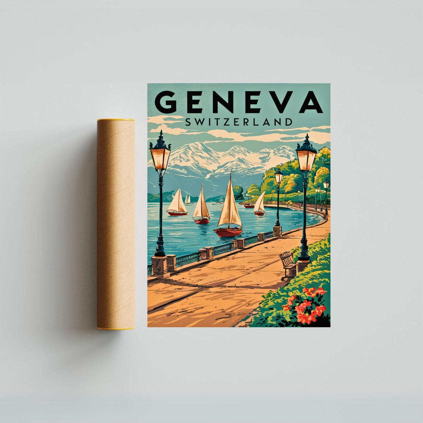 Geneva Vintage Travel Poster - Lake and Mountains