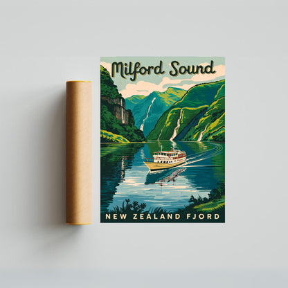 Milford Sound Vintage Travel Poster - Nature's Serenity