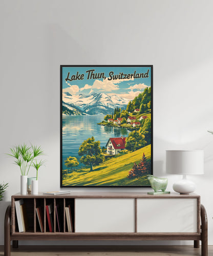 Lake Thun Vintage Travel Poster - Tranquil Waters and Mountain Vistas