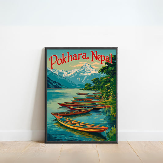 Pokhara Vintage Travel Poster - Himalayan Serenity