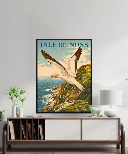 Isle of Noss Vintage Travel Poster -Gannet flying in front of iconic Noup