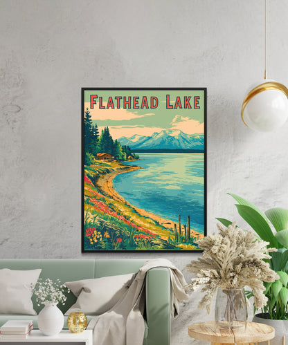 Flathead Lake Vintage Travel Poster - Clear Waters and Big Skies