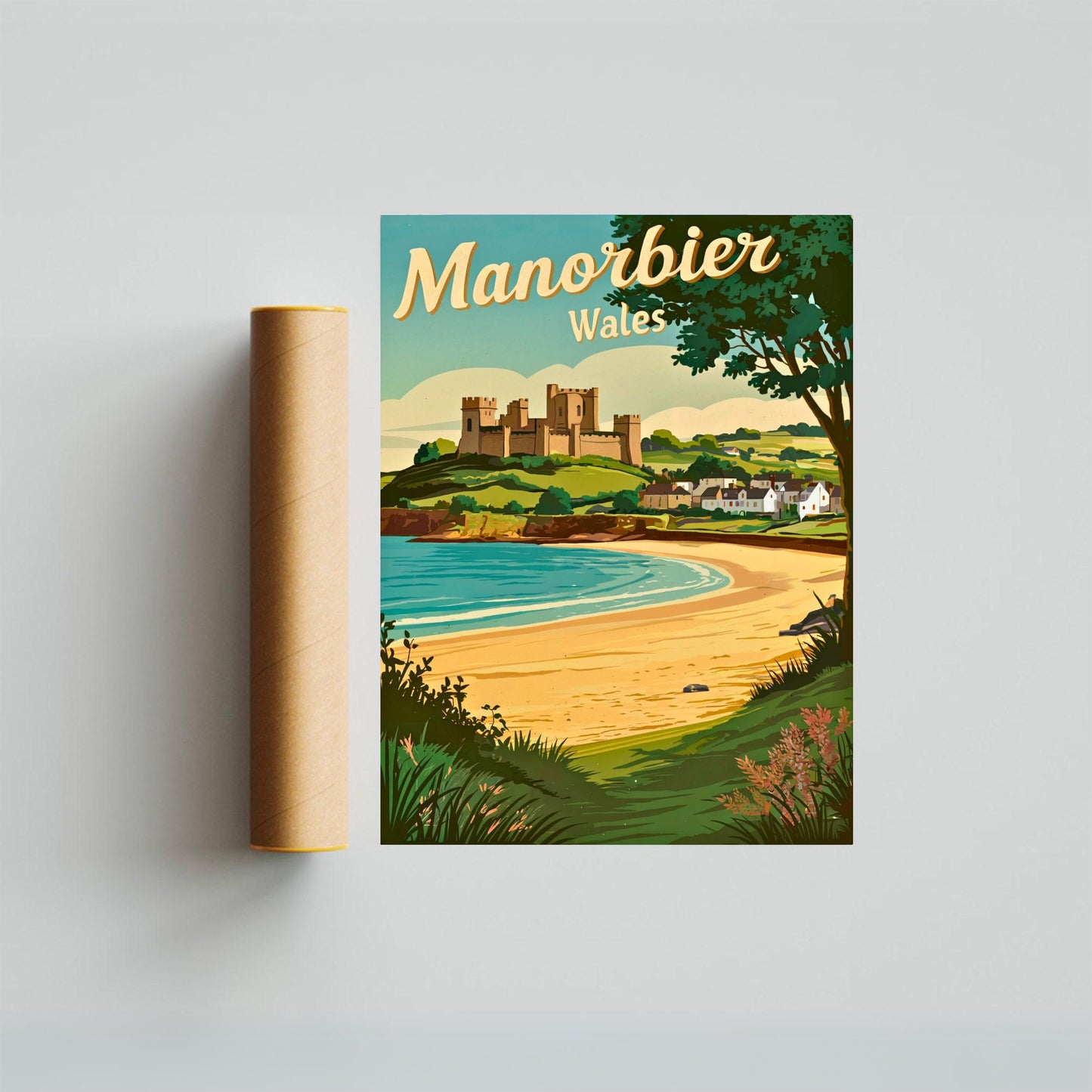 Manorbier Vintage Travel Poster - Wales' Enchanting Coastal Village