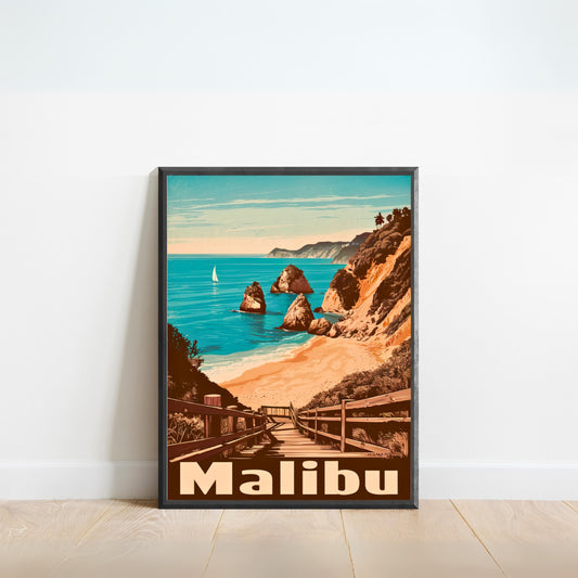 Malibu Vintage Travel Poster - Retro Coastal Charm