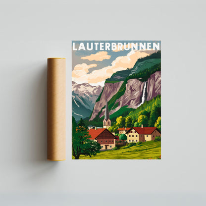 Lauterbrunnen Vintage Travel Poster - Waterfalls and Meadows