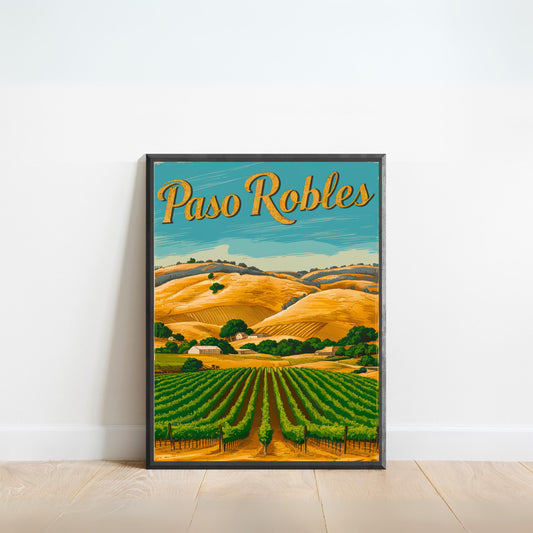 Paso Robles Vintage Travel Poster - Vineyard Hills