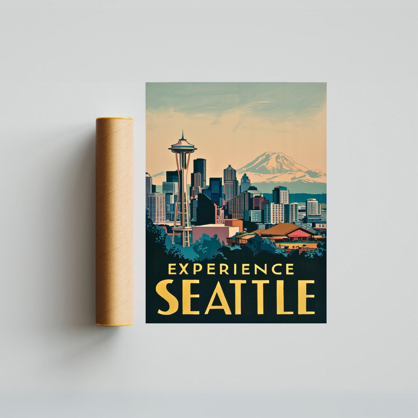 Seattle Vintage Travel Poster - Space Needle and Skyline