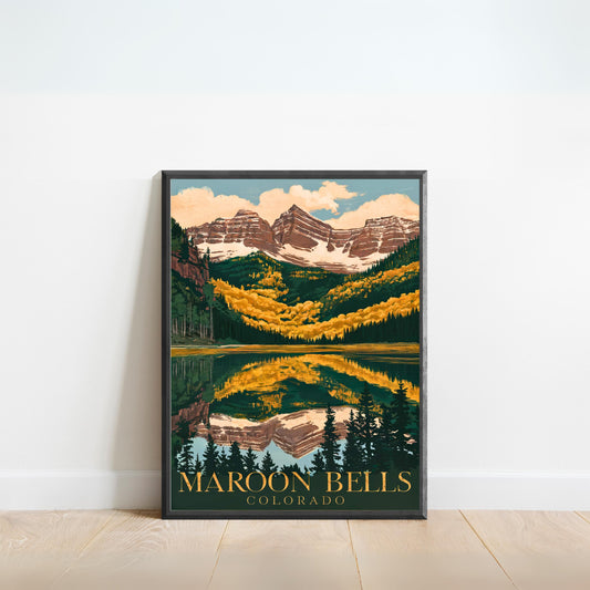 Maroon Bells Vintage Travel Poster - Colorado's Iconic Peaks