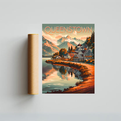 Queenstown Vintage Travel Poster - Lakefront Beauty