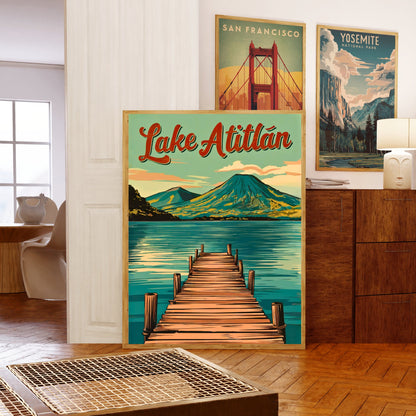 Lake Atitlán Vintage Travel Poster - Serenity Amidst Volcanoes