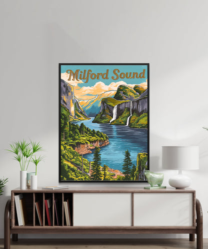 Milford Sound Vintage Travel Poster - Majestic Fjords