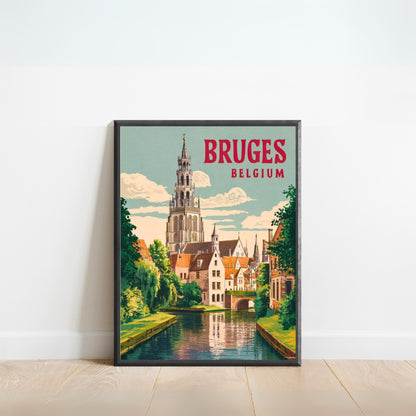 Bruges Vintage Travel Poster - Canals and Cobblestones