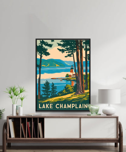 Lake Champlain  Vintage Travel Poster - Mountains and Shores