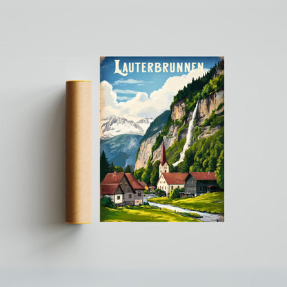 Lauterbrunnen Vintage Travel Poster - Swiss Valley Charm