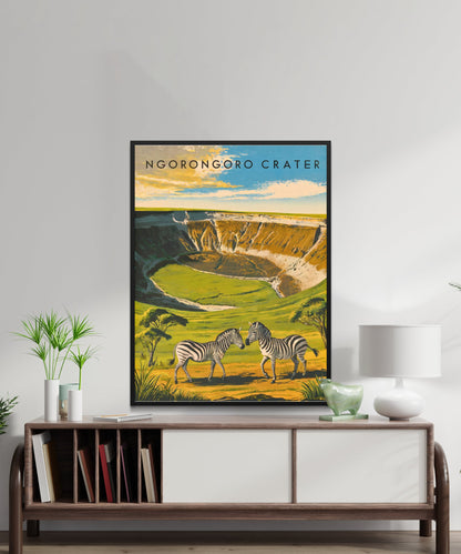 Ngorongoro Crater Vintage Travel Poster - Wildlife and Volcanic Majesty