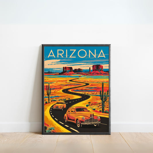 Arizona Vintage Travel Poster - Canyons and Cacti