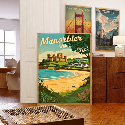 Manorbier Vintage Travel Poster - Wales' Enchanting Coastal Village