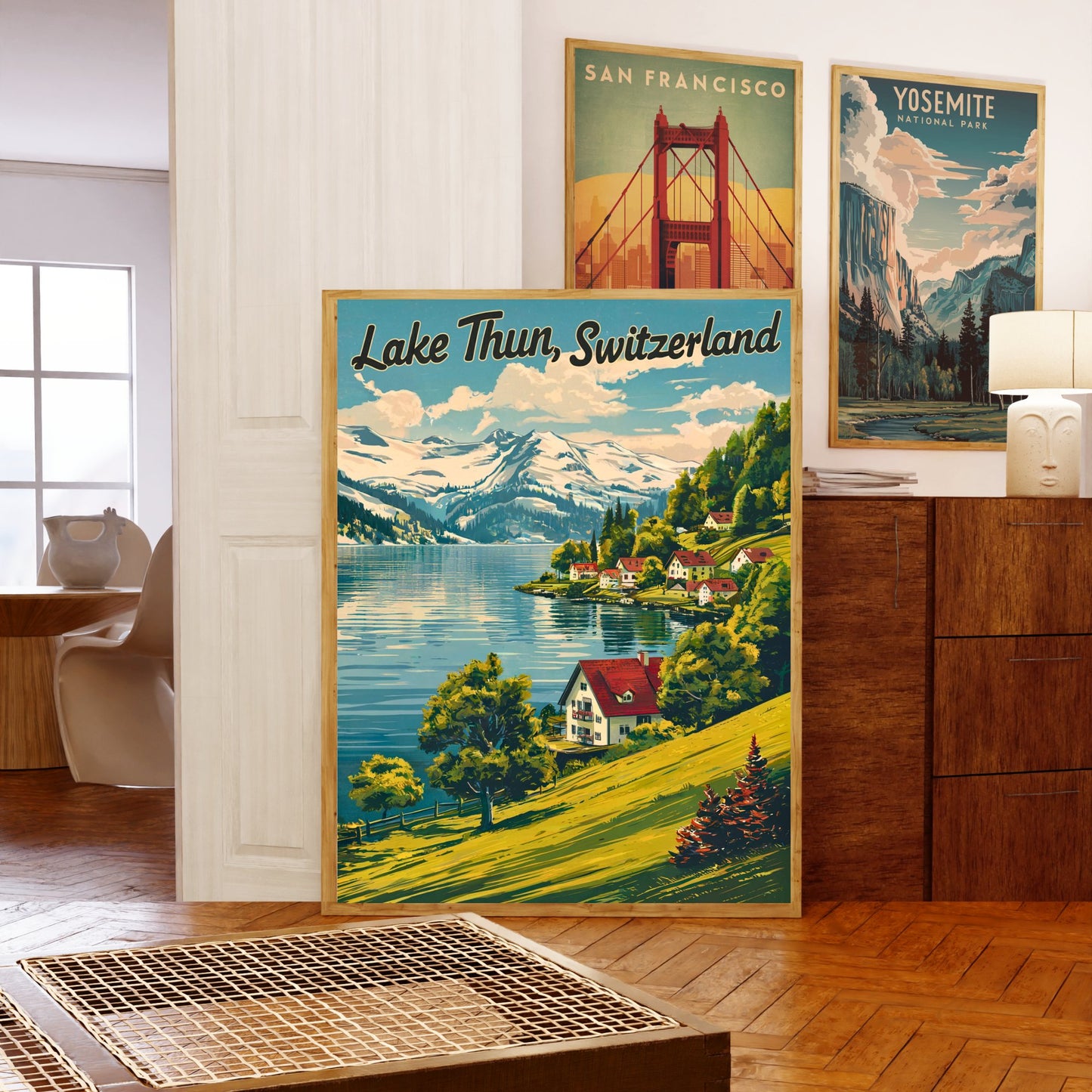 Lake Thun Vintage Travel Poster - Tranquil Waters and Mountain Vistas