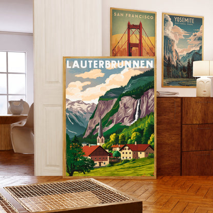 Lauterbrunnen Vintage Travel Poster - Waterfalls and Meadows