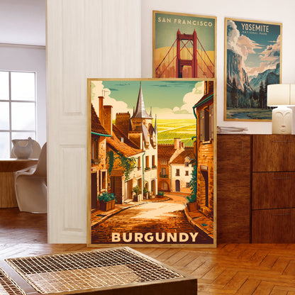 Burgundy Vintage Travel Poster - Peaceful Landscape