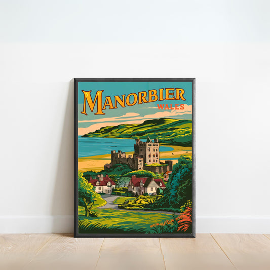 Manorbier Vintage Travel Poster- Coastal Splendor in Wales