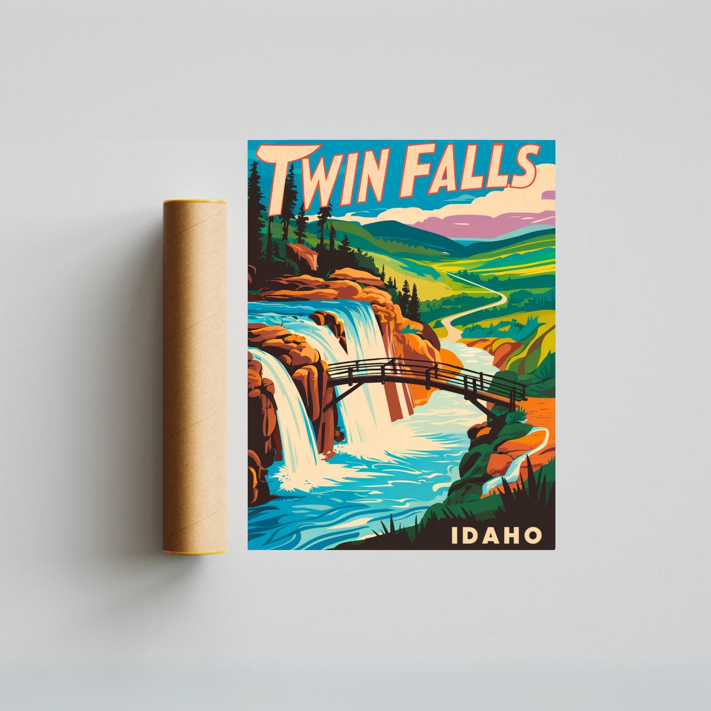 Twin Falls Vintage Travel Poster - Waterfall Beauty