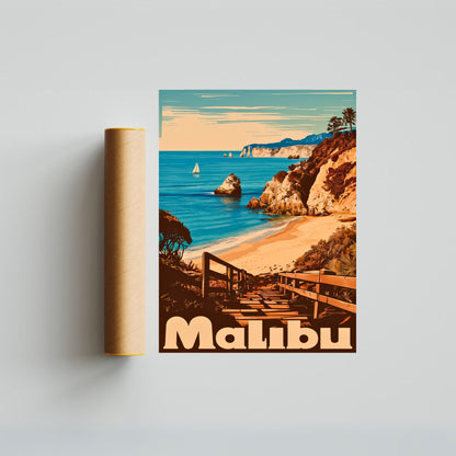 Malibu Vintage Travel Poster - Surf and Sunshine