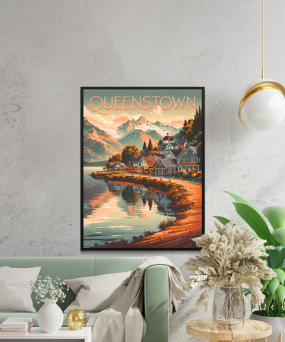 Queenstown Vintage Travel Poster - Lakefront Beauty