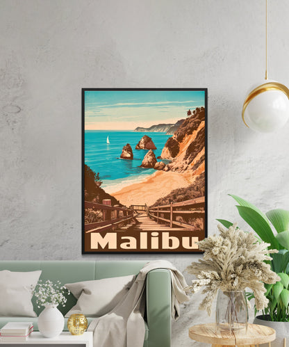 Malibu Vintage Travel Poster - Retro Coastal Charm