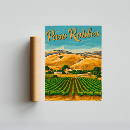 Paso Robles Vintage Travel Poster - Vineyard Hills