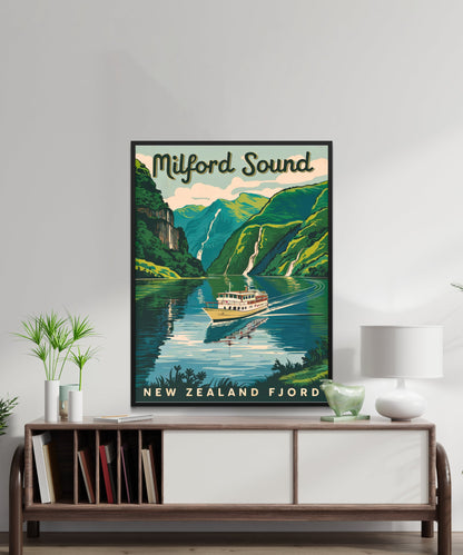 Milford Sound Vintage Travel Poster - Nature's Serenity