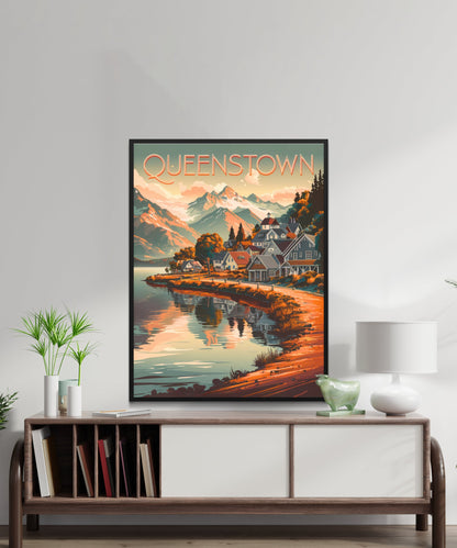 Queenstown Vintage Travel Poster - Lakefront Beauty