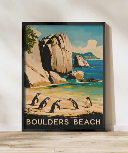 Boulders Beach Vintage Travel Poster - Penguins and Seaside Beauty