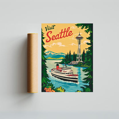 Seattle Vintage Travel Poster -  Pacific Northwest Charm