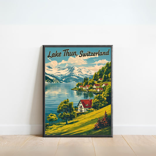 Lake Thun Vintage Travel Poster - Tranquil Waters and Mountain Vistas