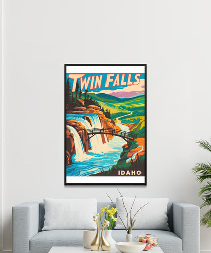 Twin Falls Vintage Travel Poster - Waterfall Beauty