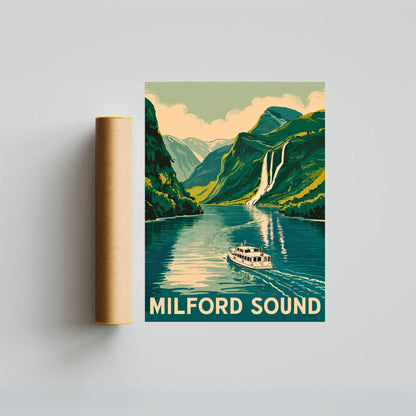 Milford Sound Vintage Travel Poster - New Zealand's Natural Wonder