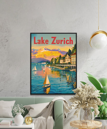 Lake Zurich Vintage Travel Poster -Timeless Swiss Elegance