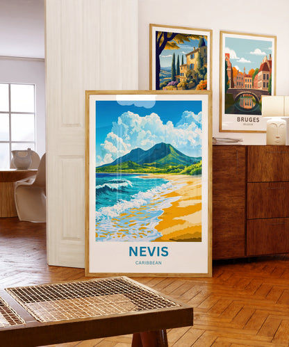 Nevis Travel Poster - Breathtaking Beach View in Caribbean Island