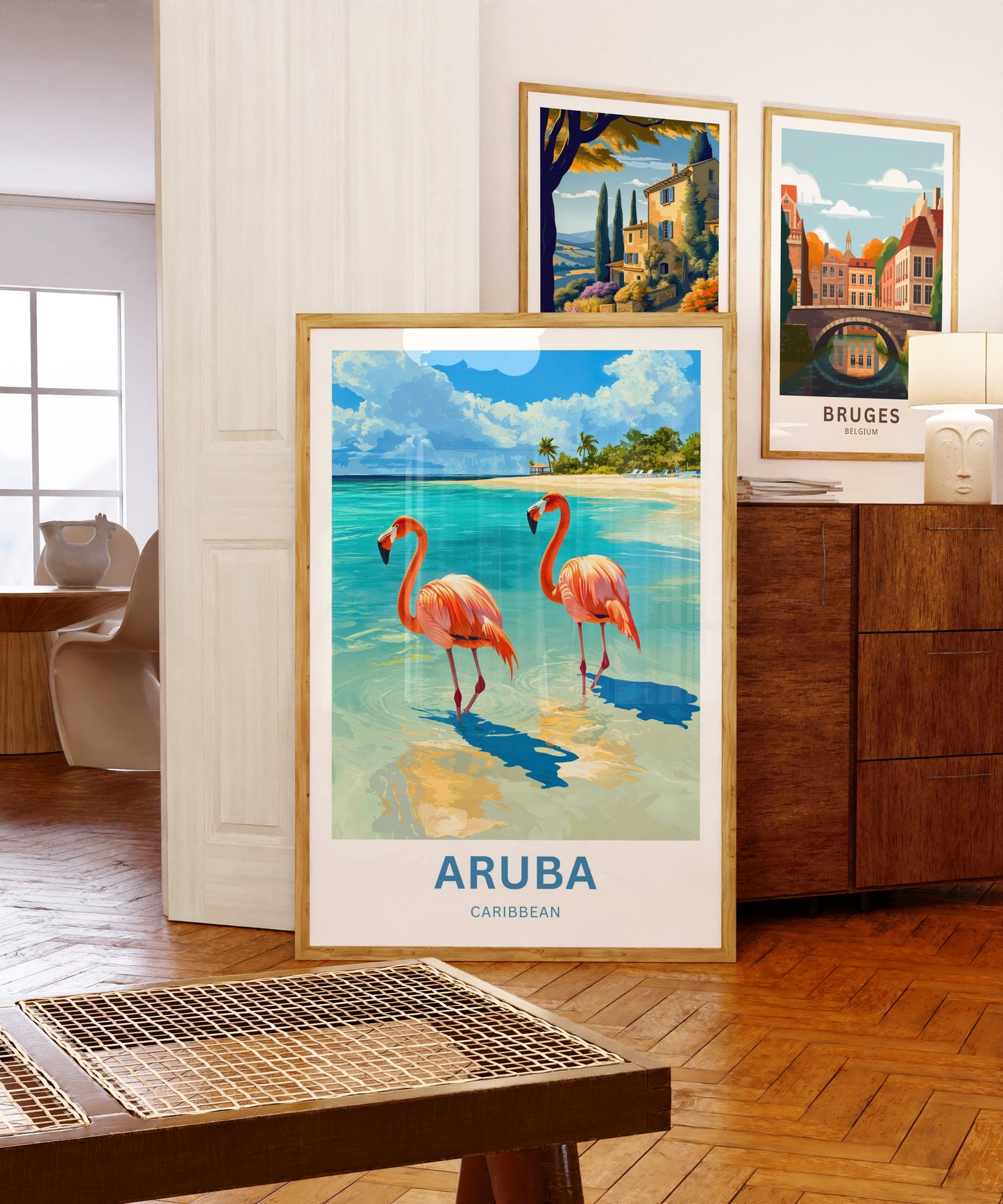 Aruba Travel Poster - Scenic Caribbean Beach View with Iconic Flamingos