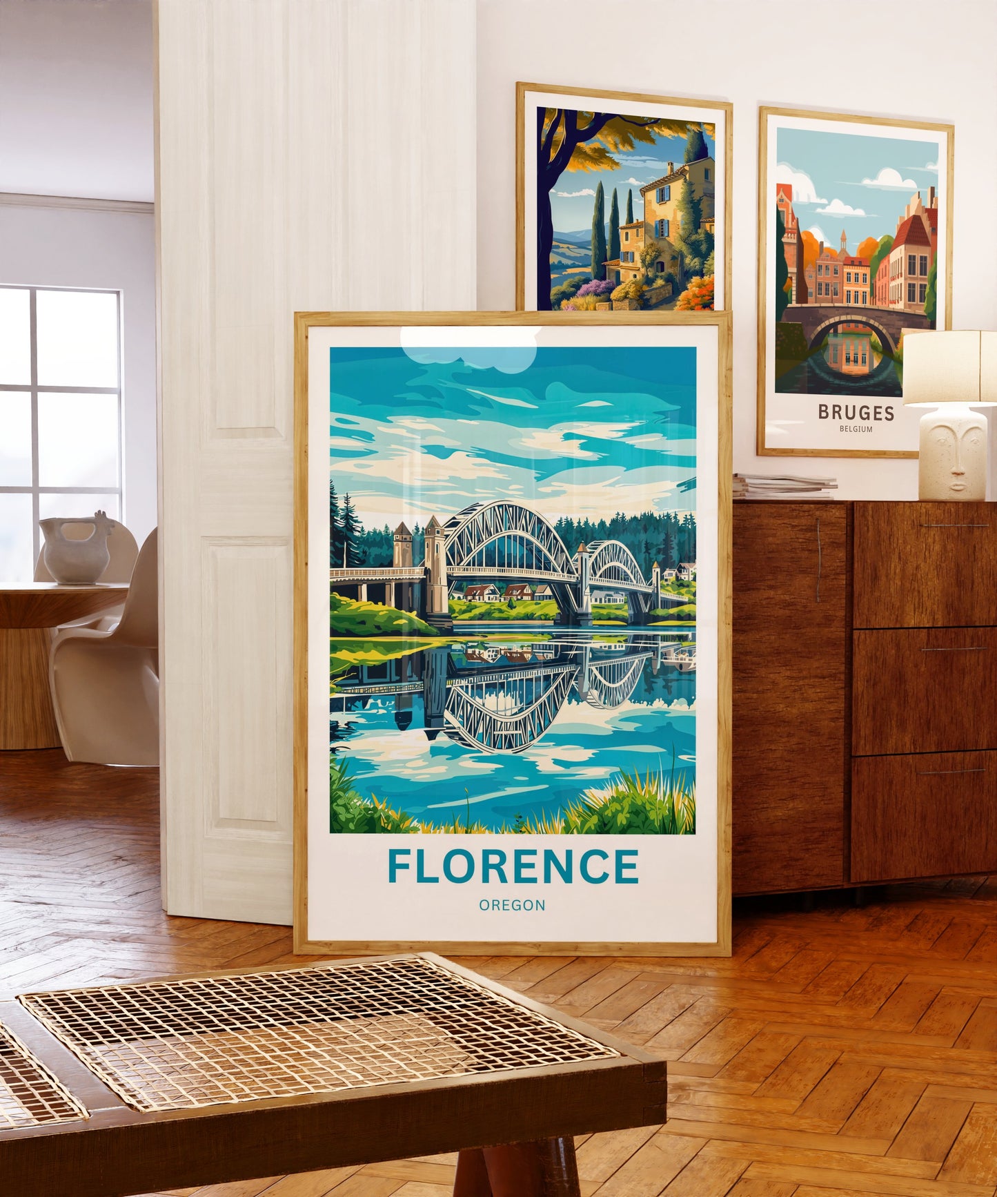 Florence Oregon Travel Poster - Iconic River Bridge