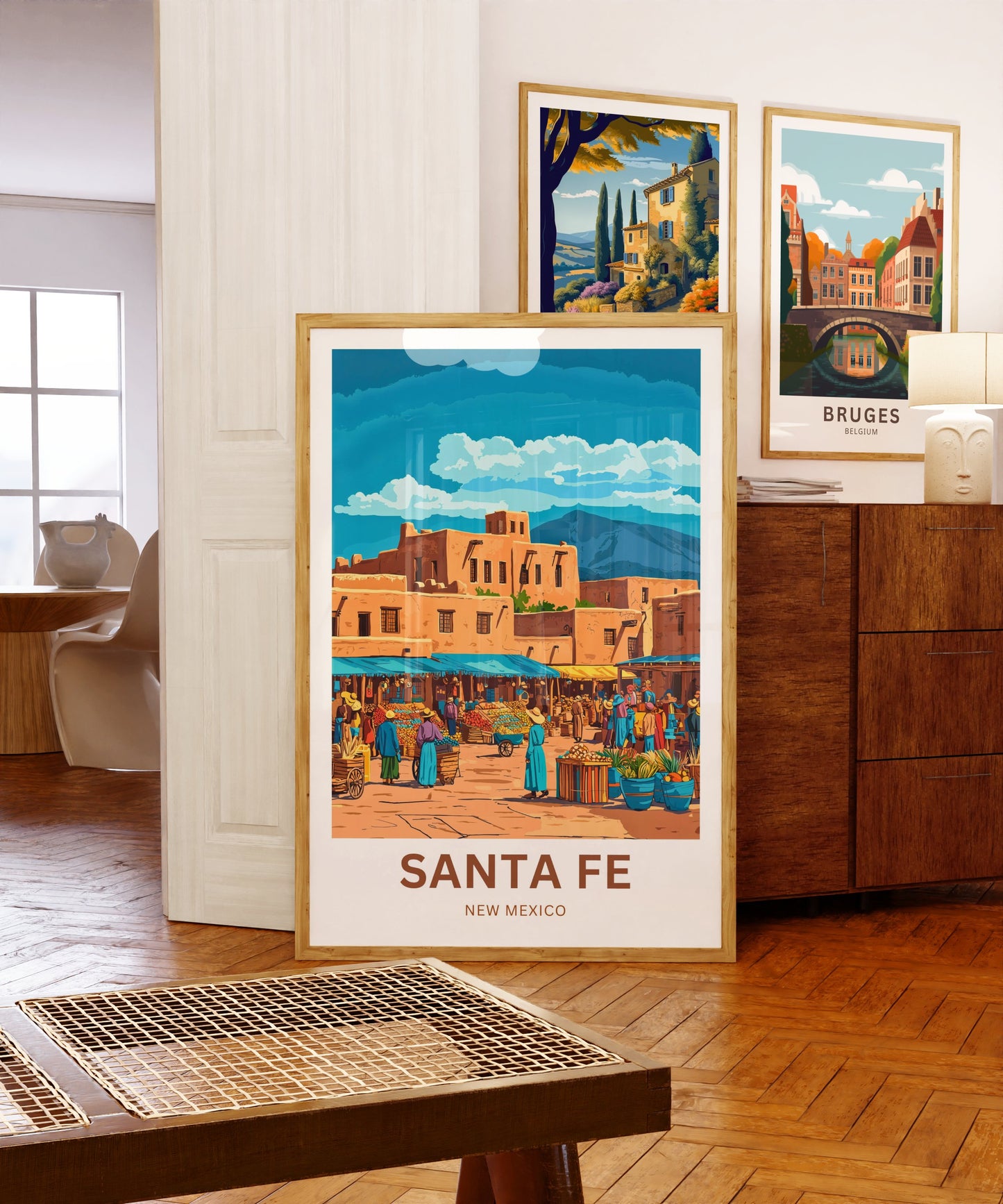 Santa Fe Travel Poster - Bustling Market in New Mexico