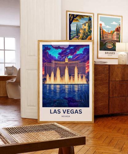 Las Vegas Travel Poster - Captivating Evening View of Bellagio fountains Nevada