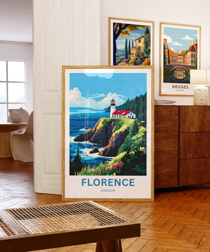 Florence Oregon Travel Poster - Captivating View of Heceta Head Lighthouse