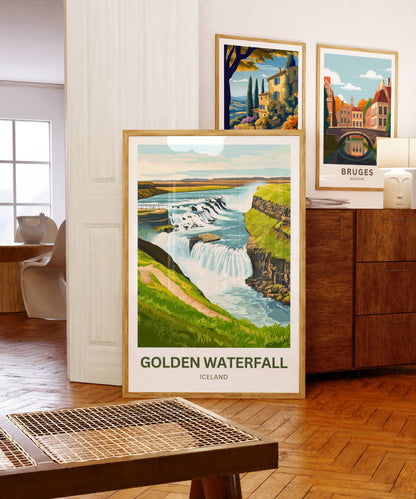 Golden Waterfall Travel Poster - Captivating Iconic Falls of Iceland