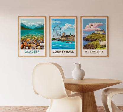 County Hall and the iconic London Eye Travel Poster