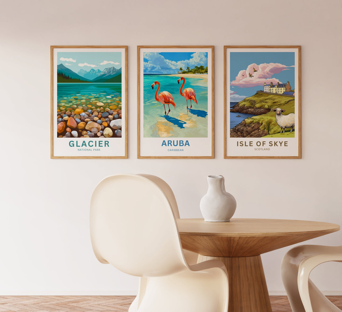 Aruba Travel Poster - Scenic Caribbean Beach View with Iconic Flamingos