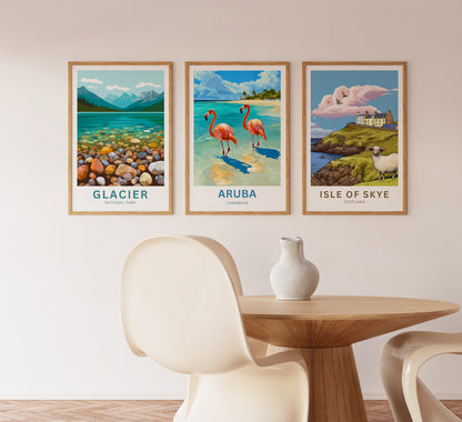 Aruba Travel Poster - Scenic Caribbean Beach View with Iconic Flamingos