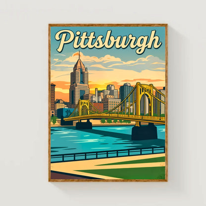 Pittsburgh Vintage Travel Poster- Yellow Bridge