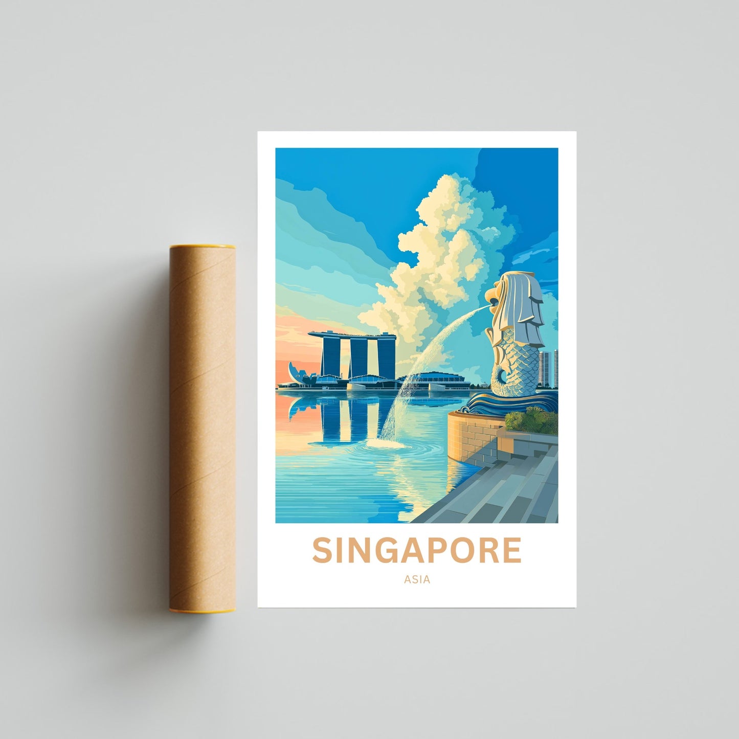 Singapore Travel Poster - Skyline & The Guardian of the Bay
